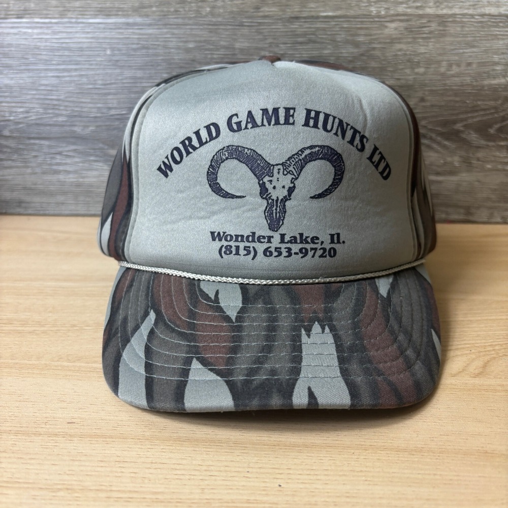 Vintage World Game Hunts Hat Snapback Trucker TreeBark Camo Wonder Lake Illinois